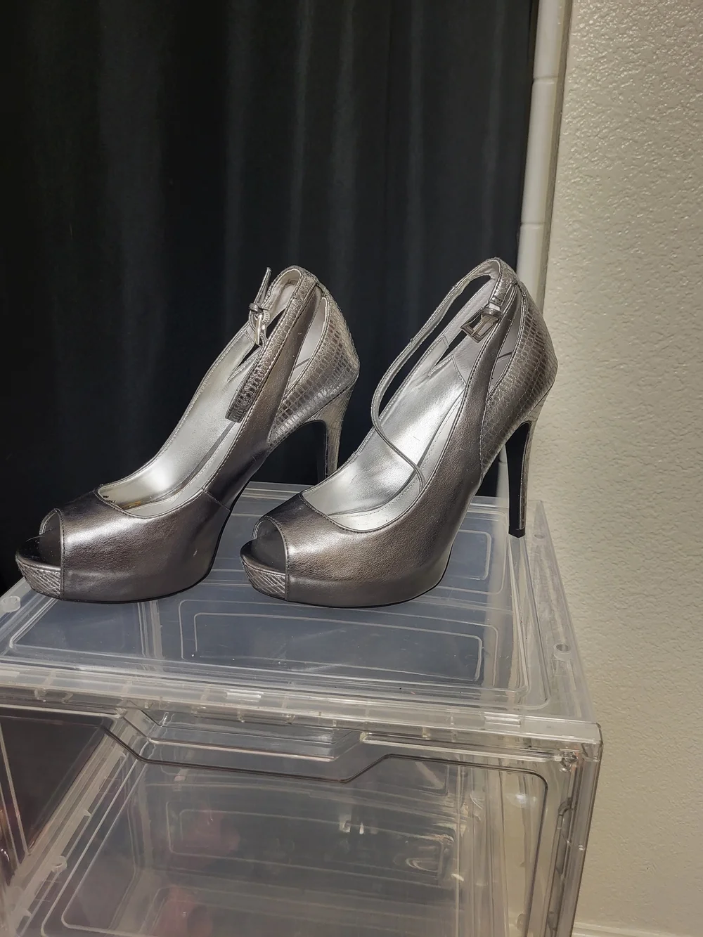 GUESS Metallic Pewter Peep-Toe Ankle Strap Heels
